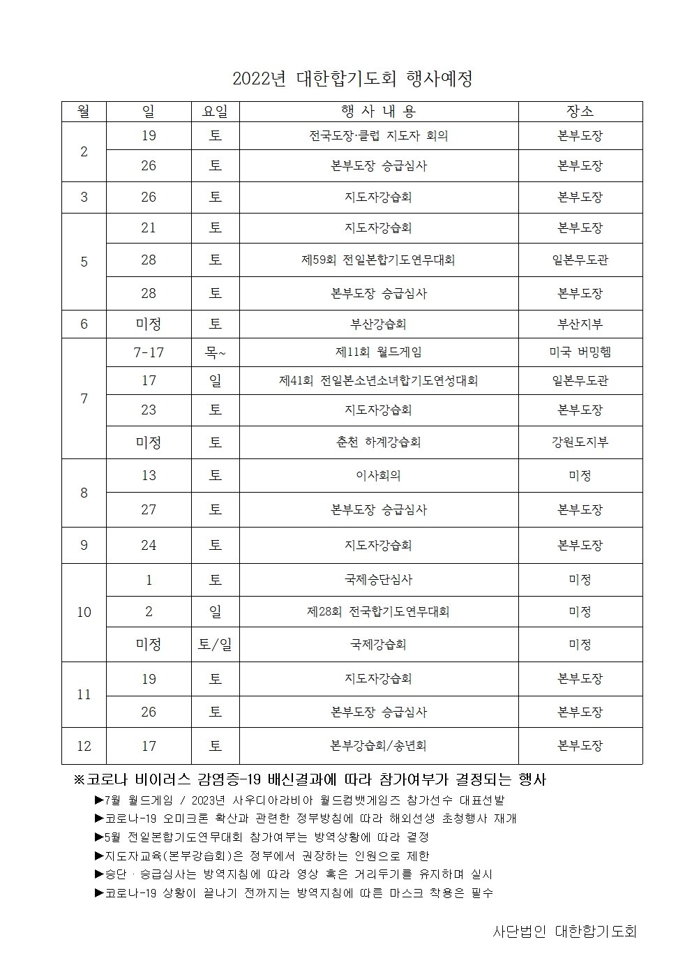 대한합기도회 2022년도 행사예정